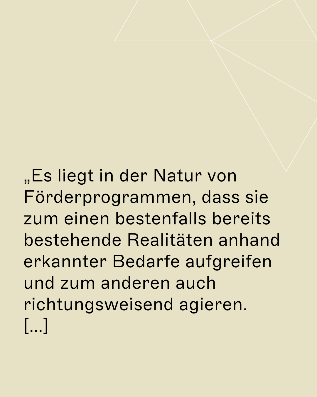„Es liegt in der Natur von Förderprogrammen, dass sie zum einen bestenfalls bereits bestehende Realitäten anhand erkannter Bedarfe aufgreifen und zum anderen auch richtungsweisend agieren. [...]