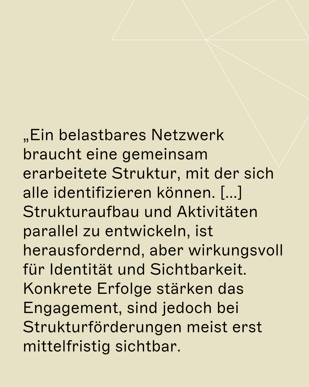 „Ein belastbares Netzwerk braucht eine gemeinsam erarbeitete Struktur, mit der sich alle identifizieren können. [...] Strukturaufbau und Aktivitäten parallel zu entwickeln, ist herausfordernd, aber wirkungsvoll für Identität und Sichtbarkeit. Konkrete Erfolge stärken das Engagement, sind jedoch bei Strukturförderungen meist erst mittelfristig sichtbar. 