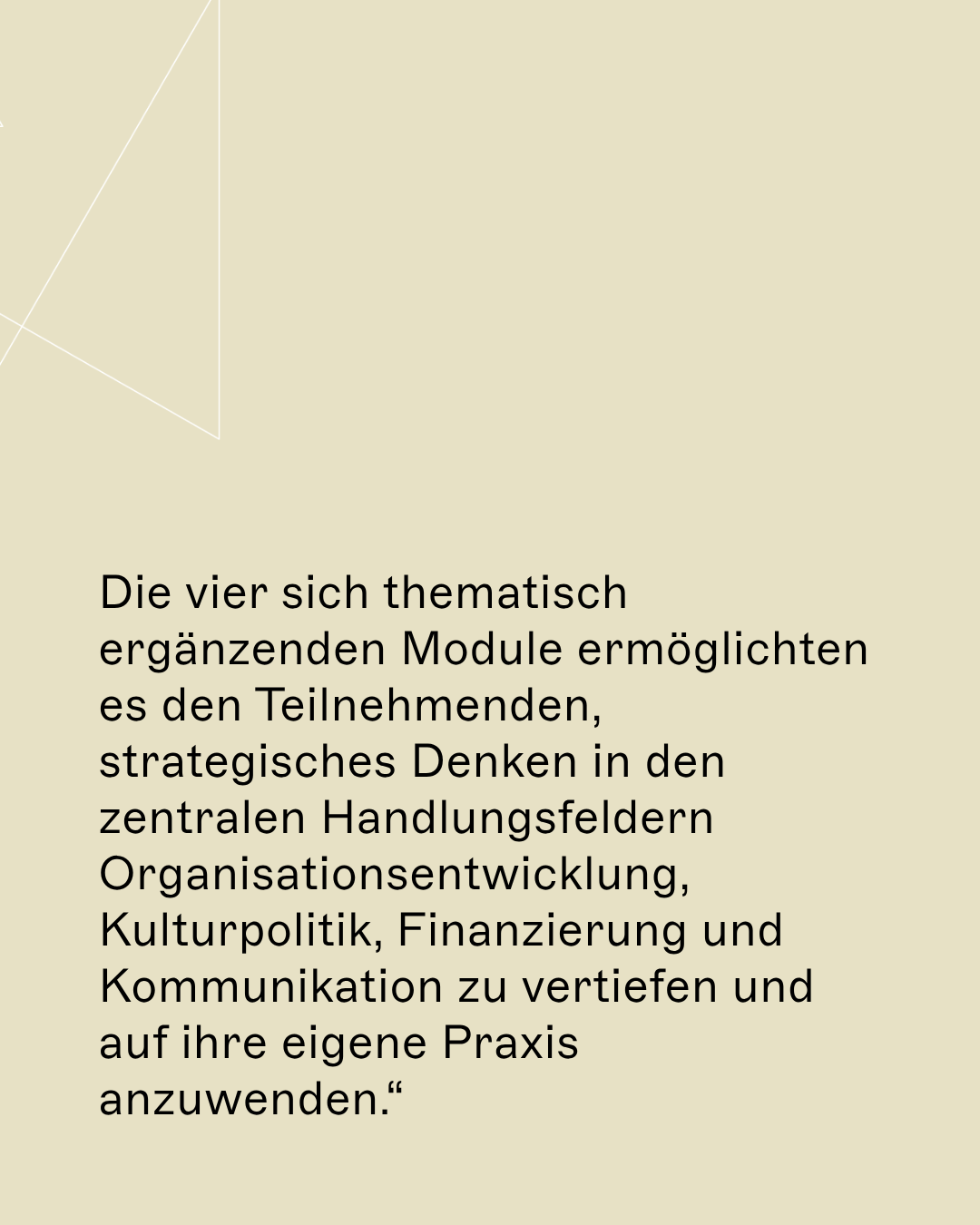 Die vier sich thematisch ergänzenden Module ermöglichten es den Teilnehmenden, strategisches Denken in den zentralen Handlungsfeldern Organisationsentwicklung, Kulturpolitik, Finanzierung und Kommunikation zu vertiefen und auf ihre eigene Praxis anzuwenden.“