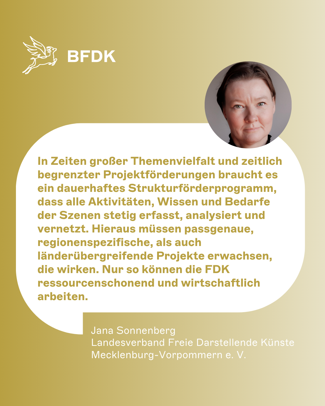 In Zeiten großer Themenvielfalt und zeitlich begrenzter Projektförderungen braucht es ein dauerhaftes Strukturförderprogramm, dass alle Aktivitäten, Wissen und Bedarfe der Szenen stetig erfasst, analysiert und vernetzt. Hieraus müssen passgenaue, regionenspezifische, als auch länderübergreifende Projekte erwachsen, die wirken. Nur so können die FDK ressourcenschonend und wirtschaftlich arbeiten. - Jana Sonnenberg, Landesverband Freie Darstellende Künste Mecklenburg-Vorpommern e. V.